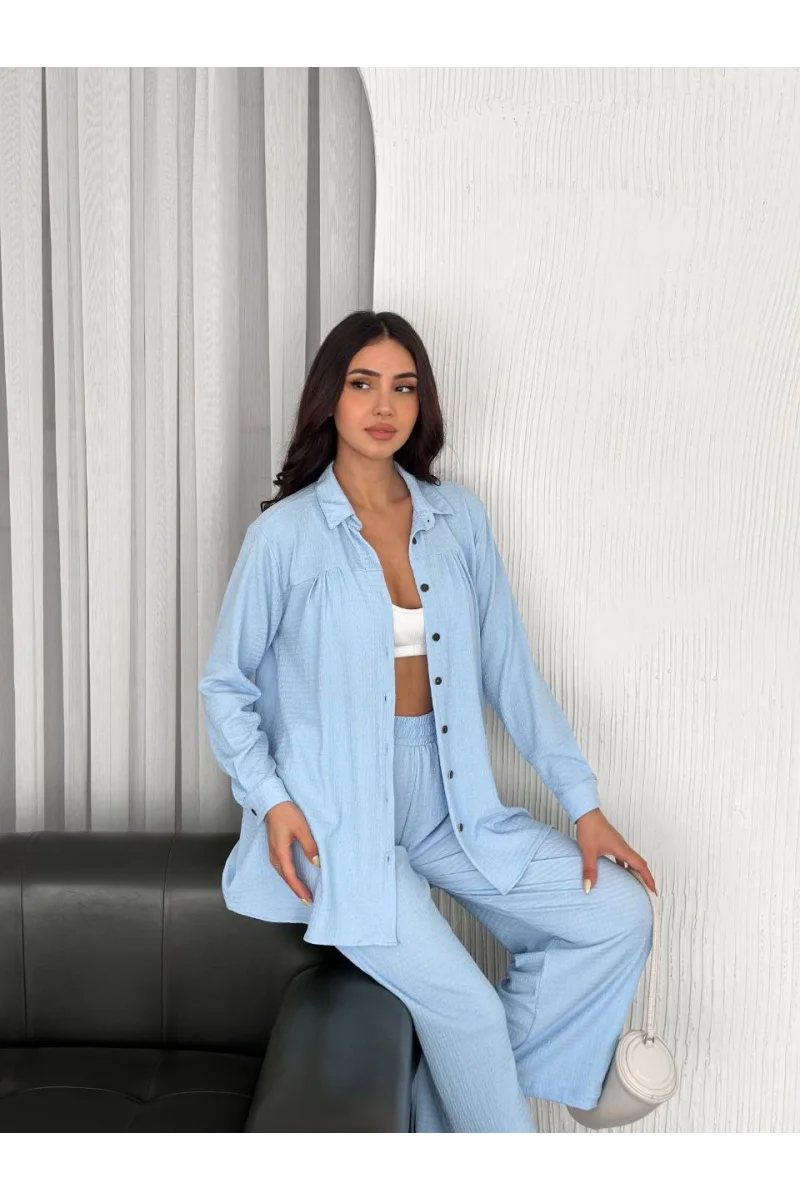 Yakalı Düğmeli Uzun Kollu Gömlek Pantolon ikili Takım - Bebek Mavisi