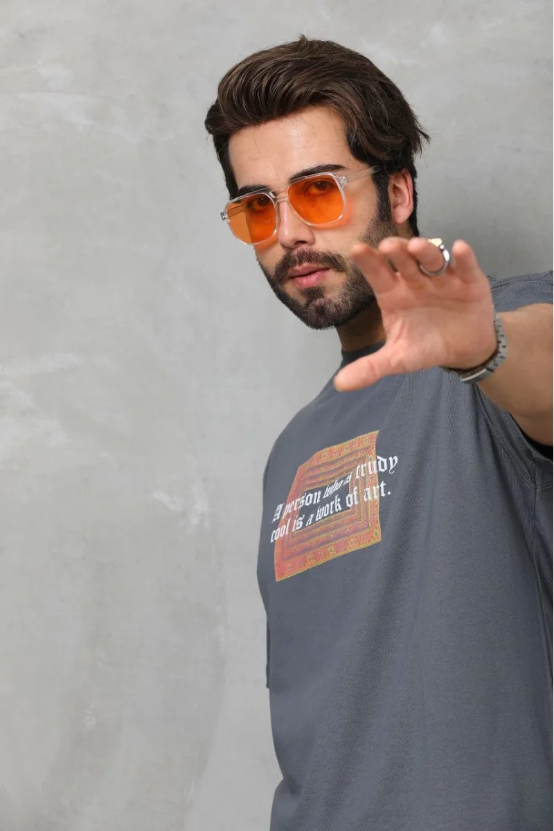 Unisex Bisiklet Yaka Baskılı Oversize T-Shirt -Füme