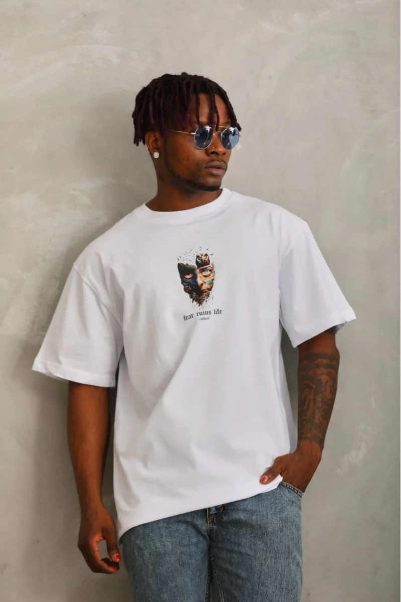 Unisex Oversize Baskılı Bisiklet Yaka T-Shirt -Beyaz