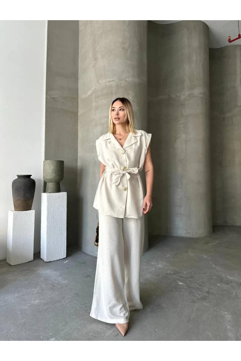 Keten Sıfır Kol Kuşaklı Ceket Pantolon ikili Takım - Beyaz