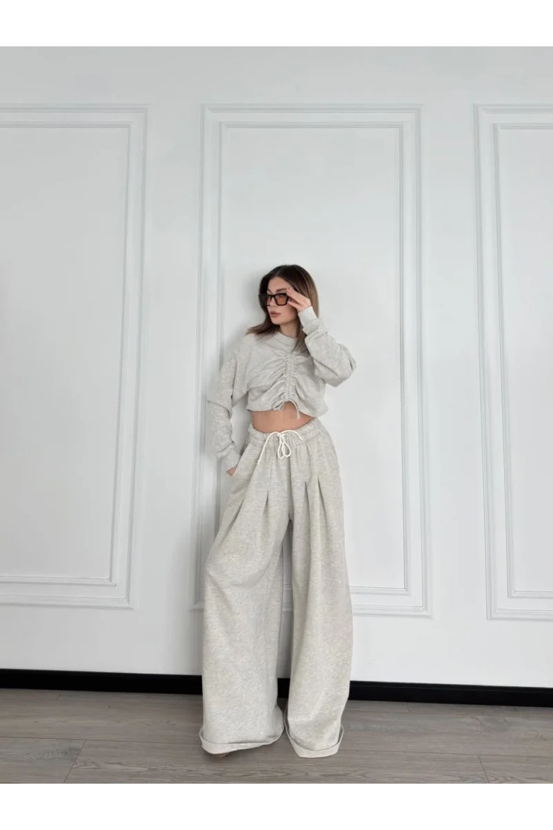 Uzun Kollu Önü İp Büzgülü Crop ve Pantolon İkili Takım - Gri