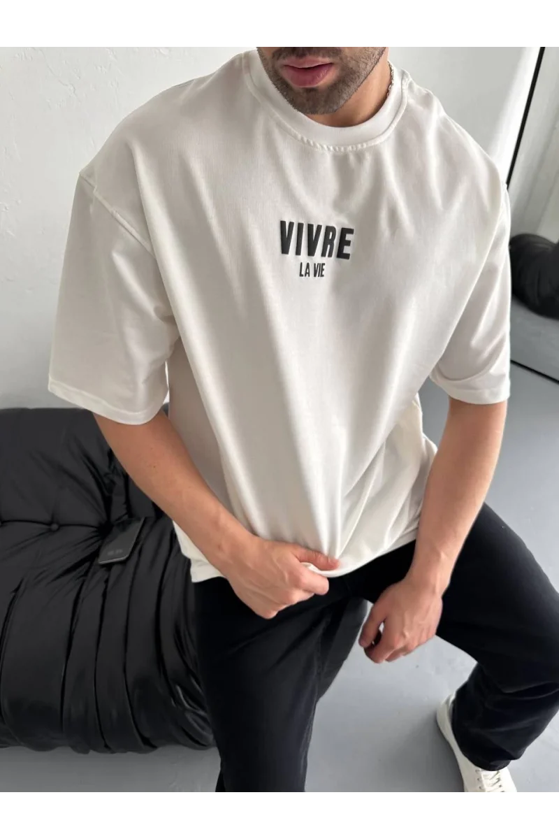 Baskılı Oversize Bisiklet Yaka T-shirt - Beyaz