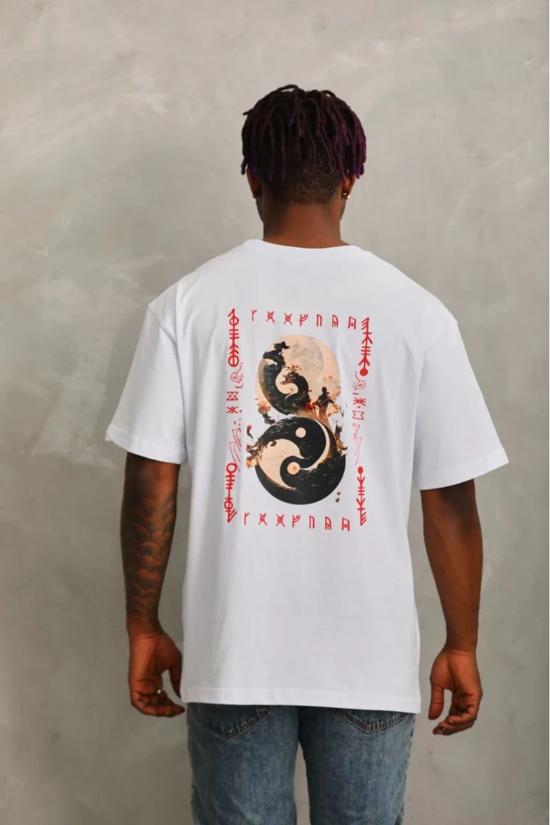 Unisex Oversize Baskılı Bisiklet Yaka T-Shirt -Beyaz