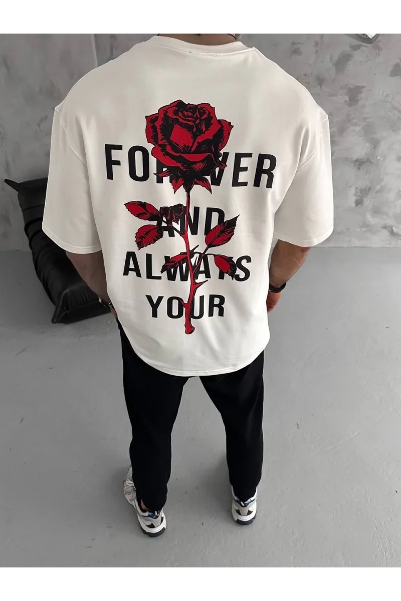 Unisex Bisiklet Yaka Baskılı Oversize T-Shirt - Beyaz