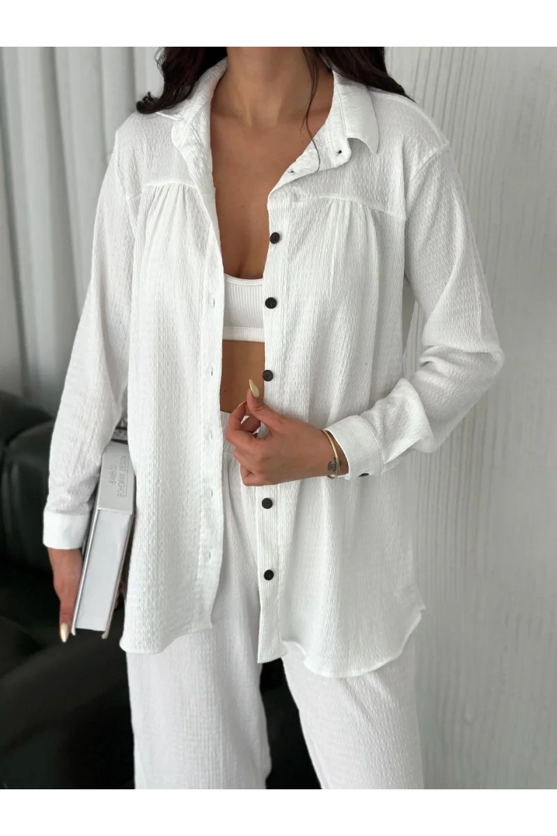 Yakalı Düğmeli Uzun Kollu Gömlek Pantolon ikili Takım - Beyaz