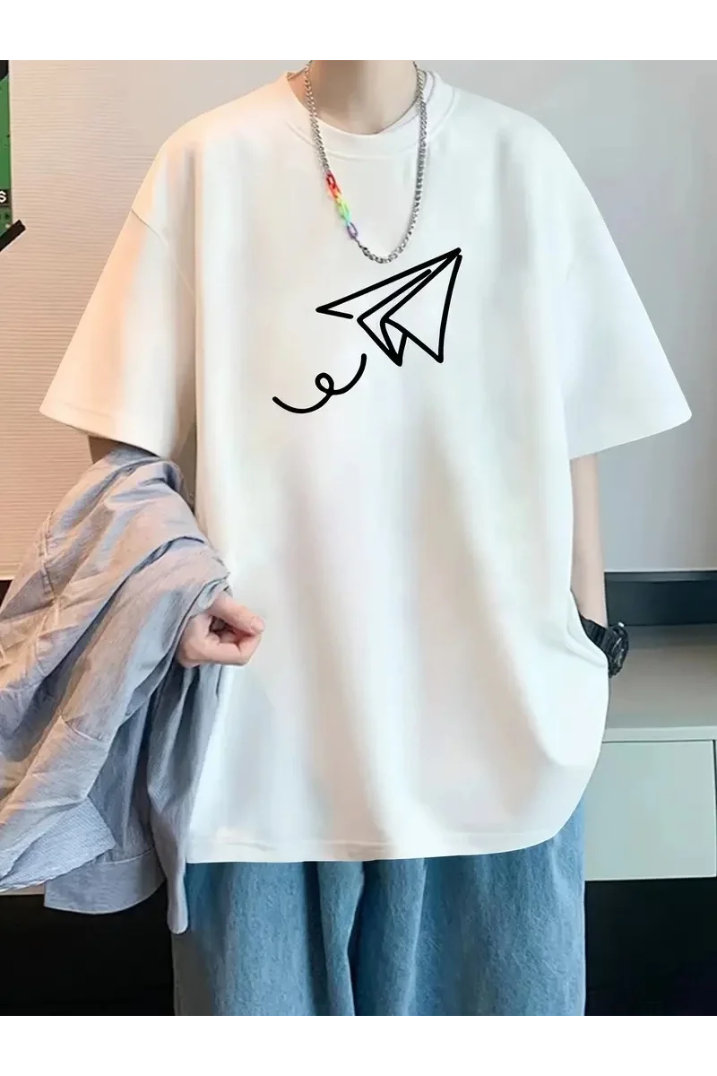 20/1 Penye Compack Uçak Baskılı Oversize Bisiklet Yaka Kısa Kol T-shirt - Beyaz