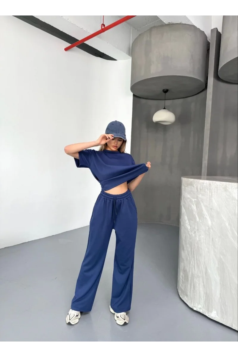 Osy Modal Yumuşak Dokulu Kumaş Kısa Kollu Bluz Rahat Pantalon ikili Takım - Lacivert
