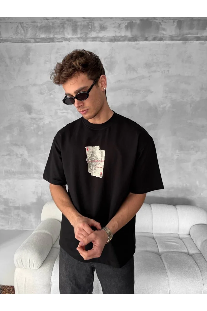 Ön ve Arka Baskılı Oversize Bisiklet Yaka T-shirt - Siyah 