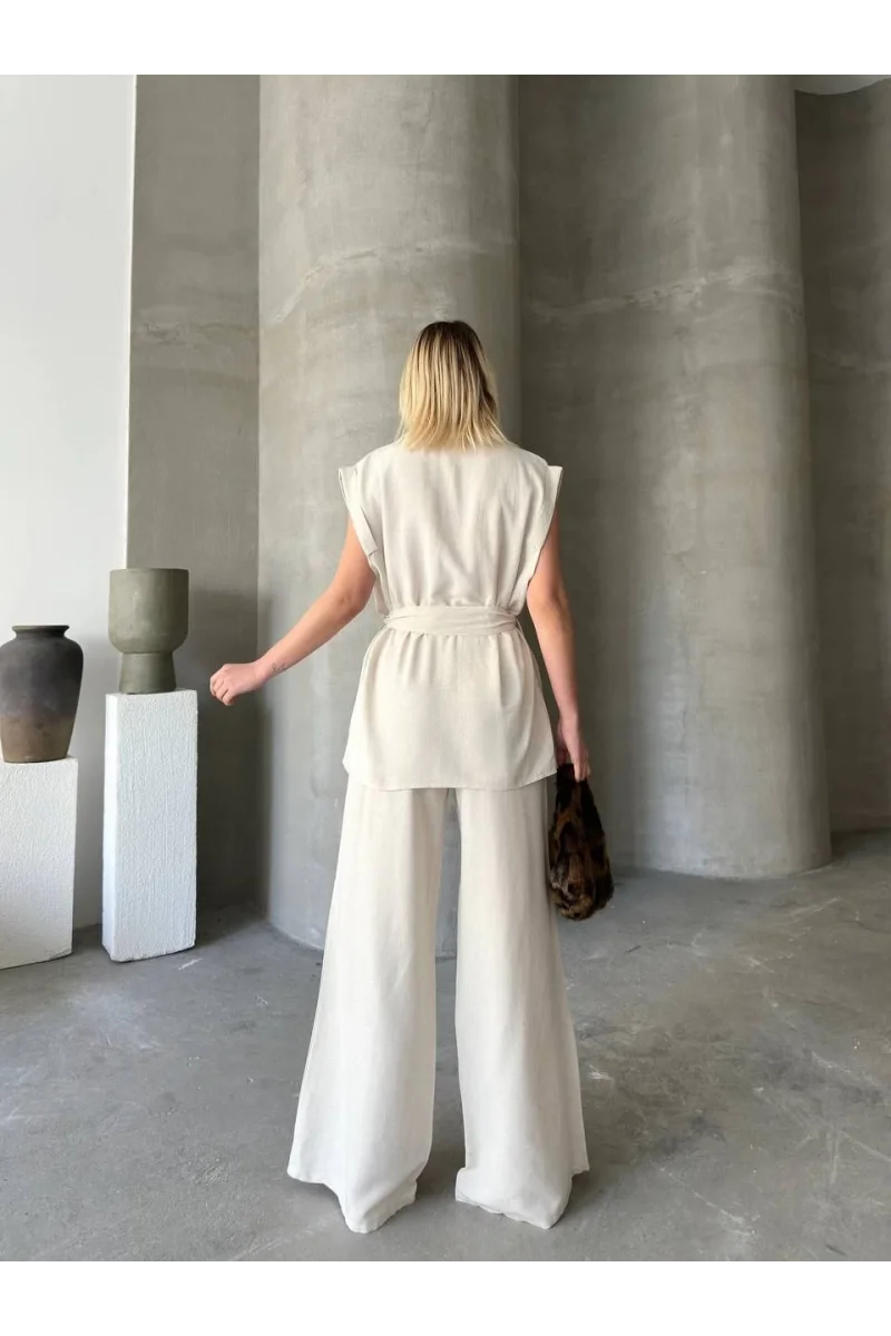 Keten Sıfır Kol Kuşaklı Ceket Pantolon ikili Takım - Beyaz