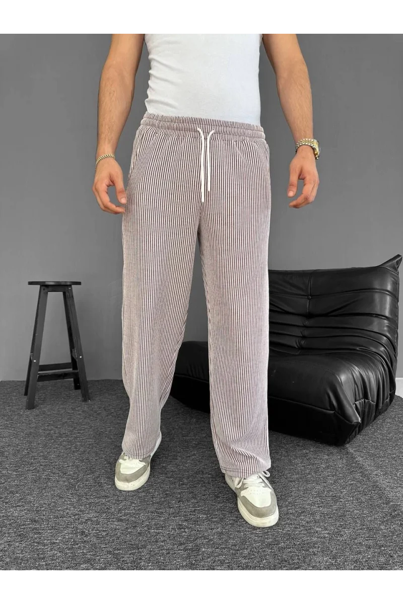 Su Yolu Çizgili Cepli Pantalon Yazlık - Kahverengi