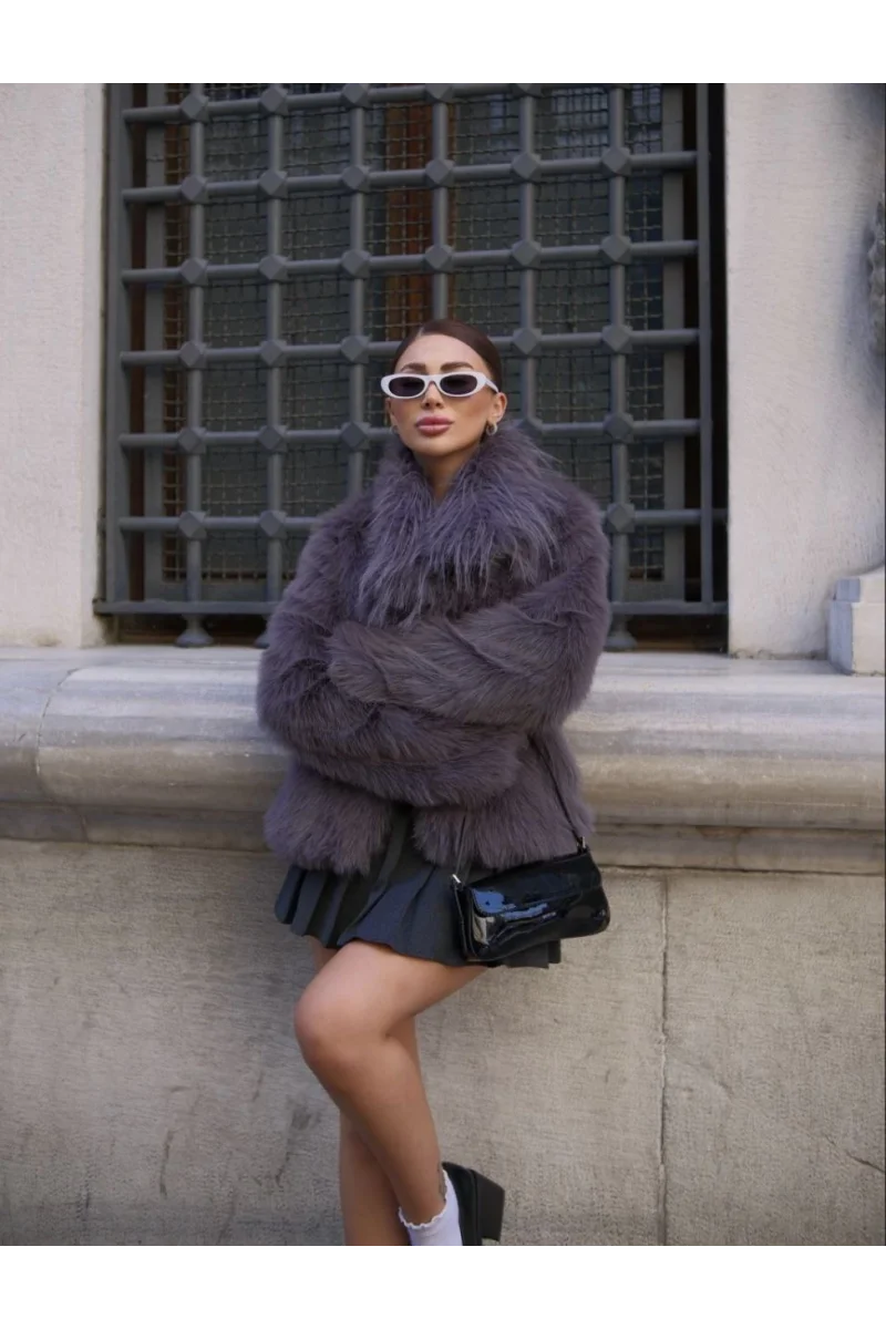 Salaş Sakallı Yumuşak Dokulu Yakalı Cepli Suni Kürk - füme