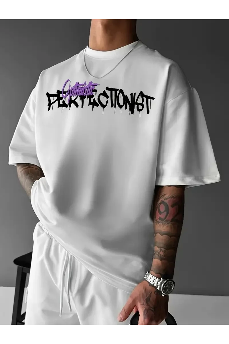 Erkek OversizeGrafik Tişört - Beyaz