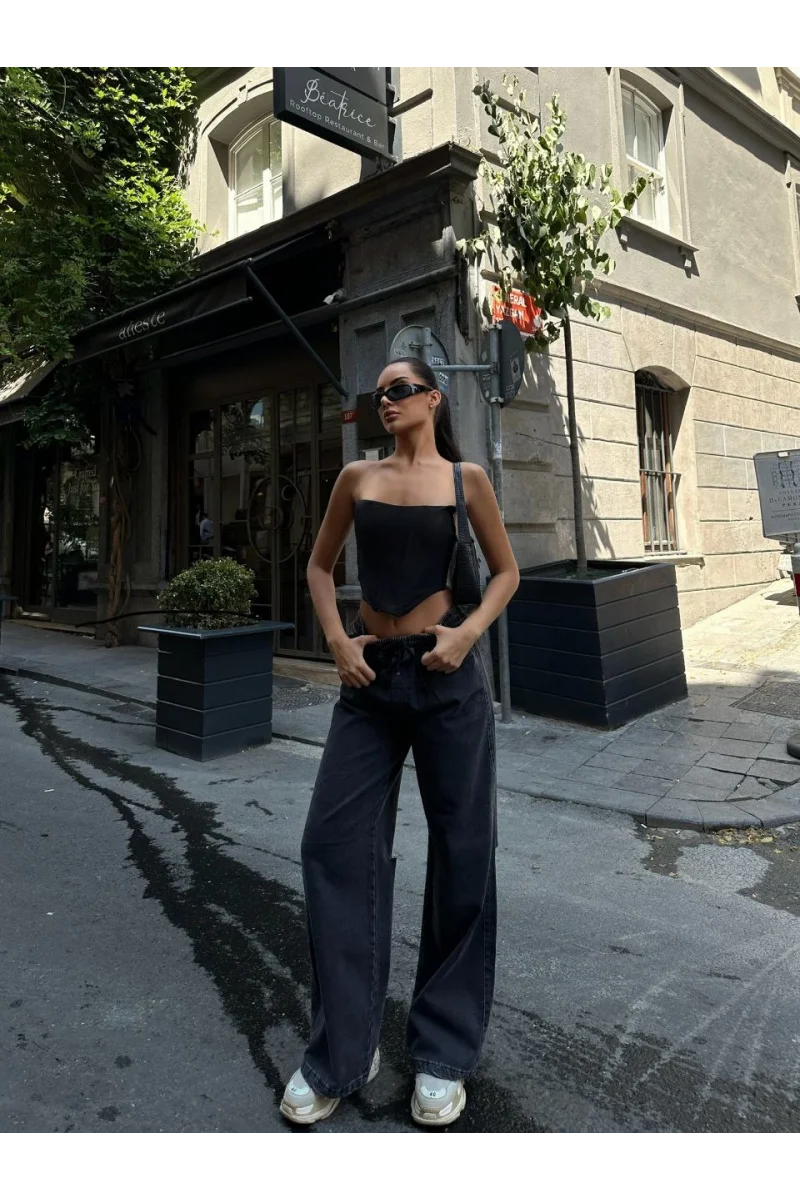 Kadın Arkadan Yırtmaçlı Jeans Kot Palazzo Pantolon - Siyah