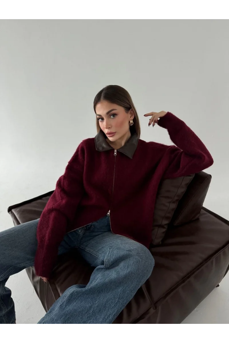 Deri Yakalı Pamuk dokulu Çift Taraflı Çalışan Fermuar Ceket - Bordo