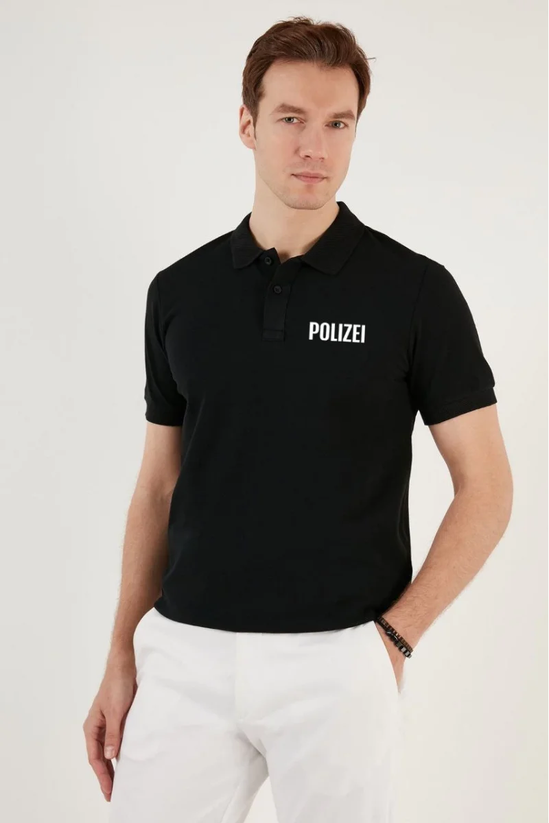 Yakası Düğmeli Yakalı Pike Baskılı T-Shirt / Siyah