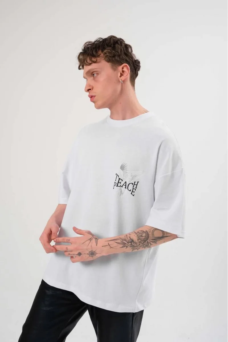 Unisex Bisiklet Yaka Baskılı Oversize T-Shirt