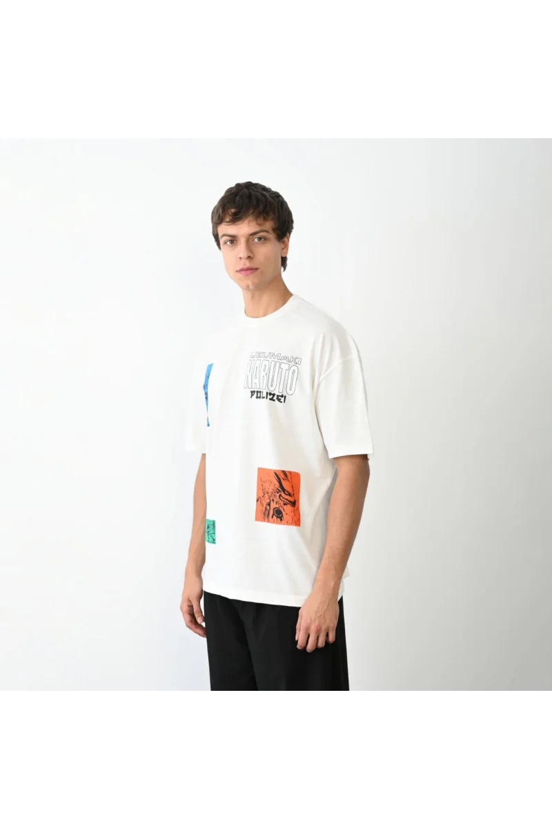 Unisex Bisiklet Yaka Baskılı Oversize T-Shirt - Beyaz