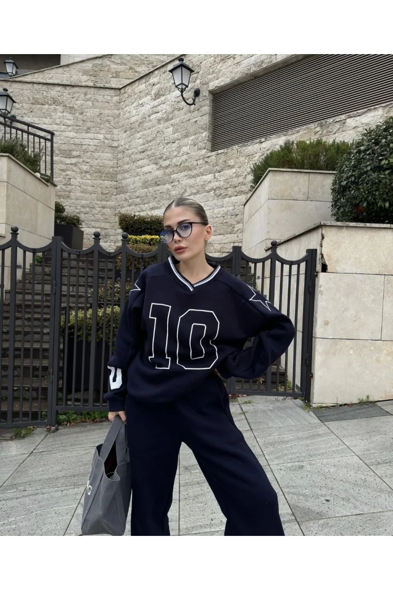 V Yaka Üç İplik Sweat Takım - Siyah