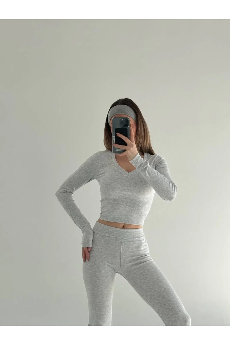 V yaka uzun kollu bluz İspanyol paçalı tayt İkili Takım - Gri