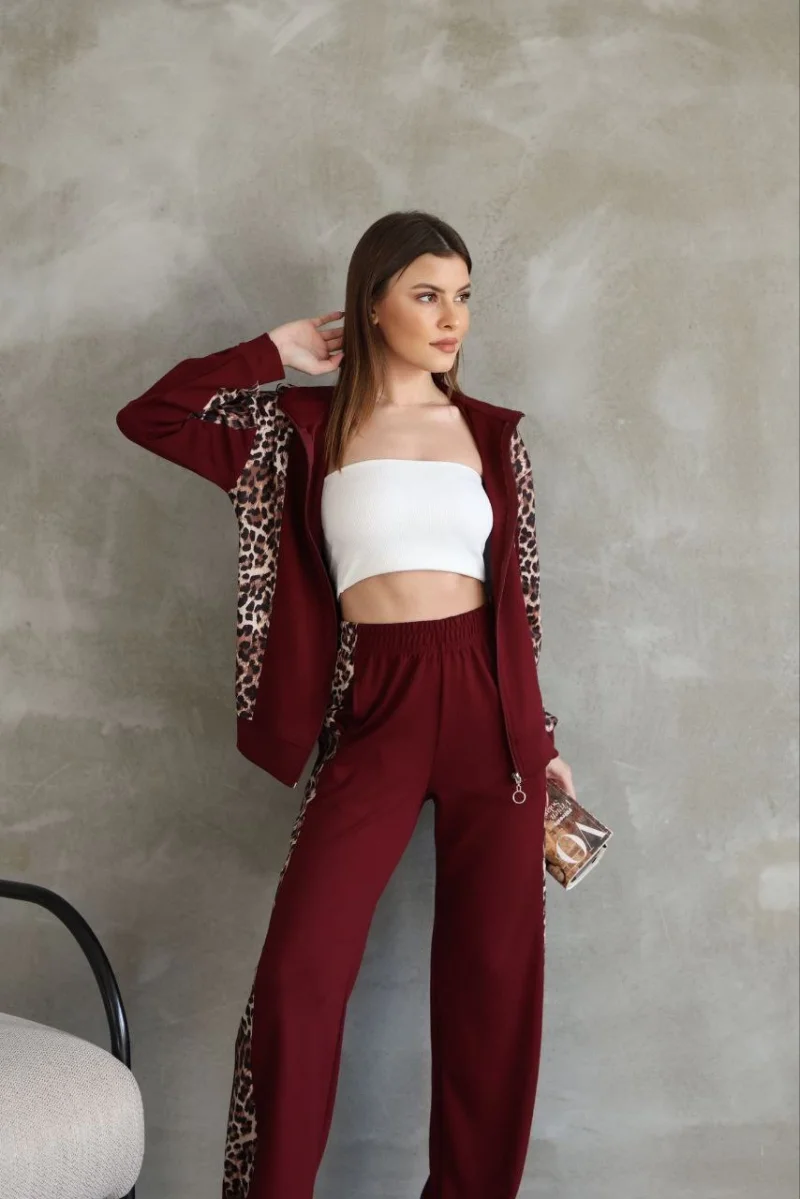 Osy Modal Yumuşak Dokulu Kumaş Kapüşonlu Leopar Desenli Fermuarlı Takım