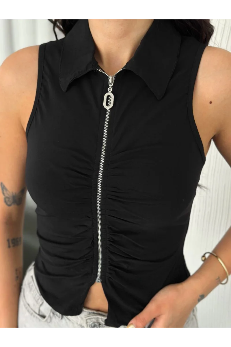 Kadın Siyah Fermuar Detaylı Bluz