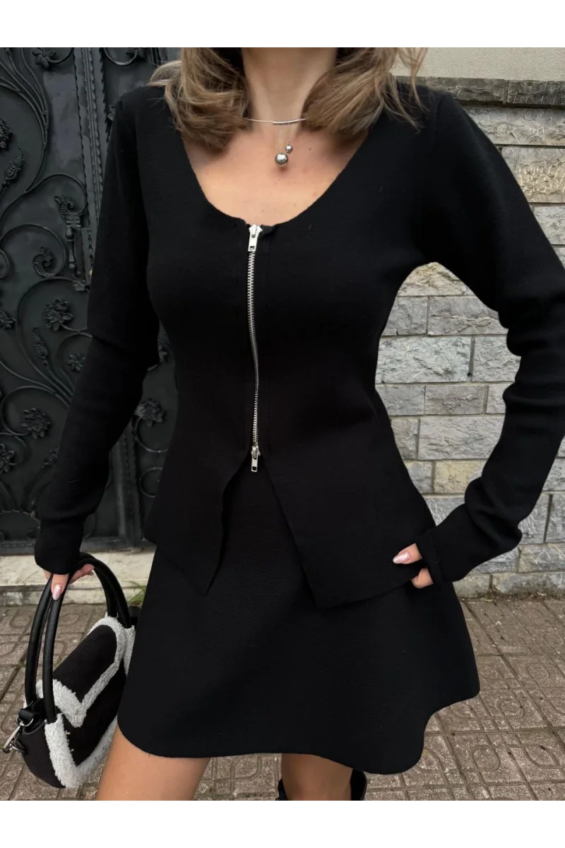 İkili Fermuarlı Hırkalı Etekli Takım - Siyah