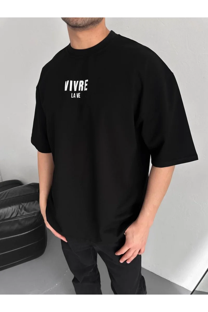 Baskılı Oversize Bisiklet Yaka T-shirt - Siyah 