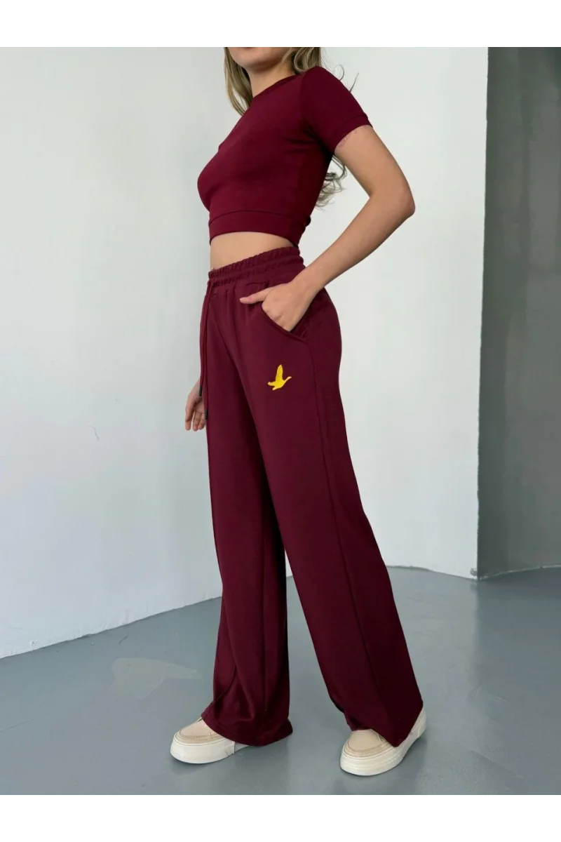 Osy Modal Yumuşak Dokulu Kumaş Nakış işlemeli Rahat Bol Paça Eşofman Pantalon - Bordo