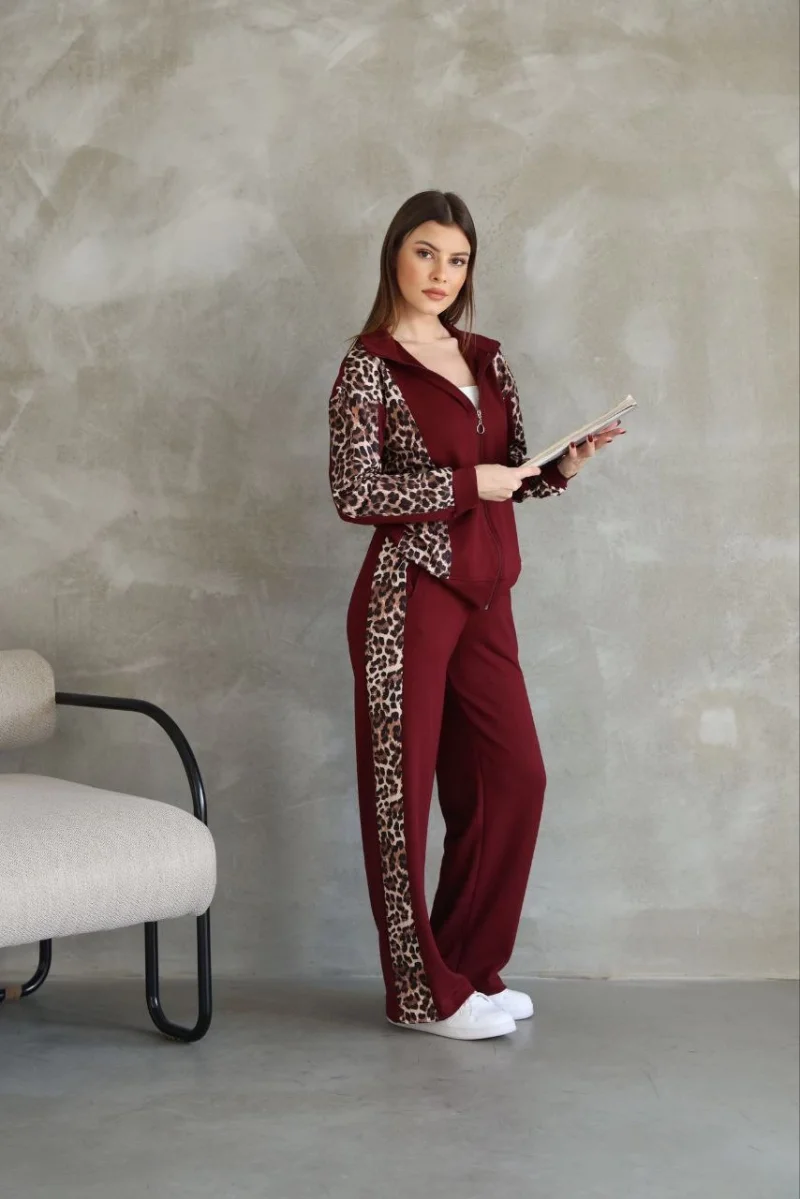 Osy Modal Yumuşak Dokulu Kumaş Kapüşonlu Leopar Desenli Fermuarlı Takım