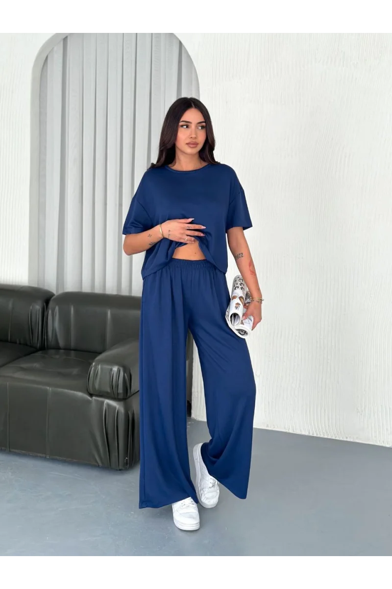 Yumuşak Dokulu Kumaş Bisiklet Yaka T-shirt Bol paça Pantalon ikili Takım - Mavi