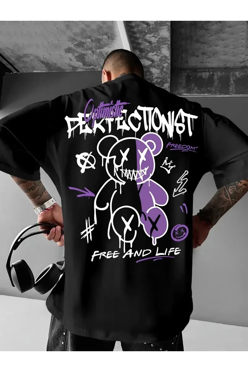 Erkek OversizeGrafik Tişört - Siyah