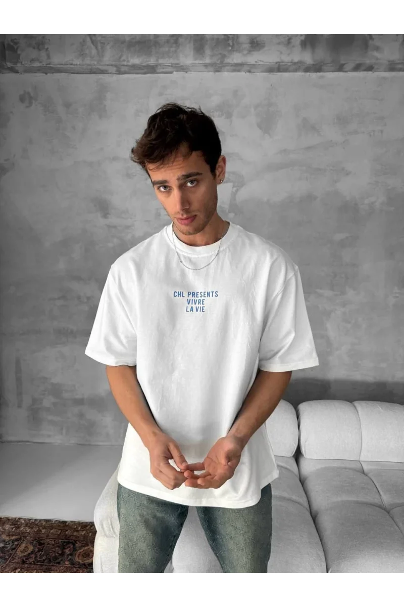 Ön ve Arka Baskılı Oversize Bisiklet Yaka T-shirt - Beyaz