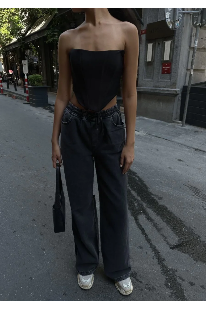 Kadın Arkadan Yırtmaçlı Jeans Kot Palazzo Pantolon - Siyah