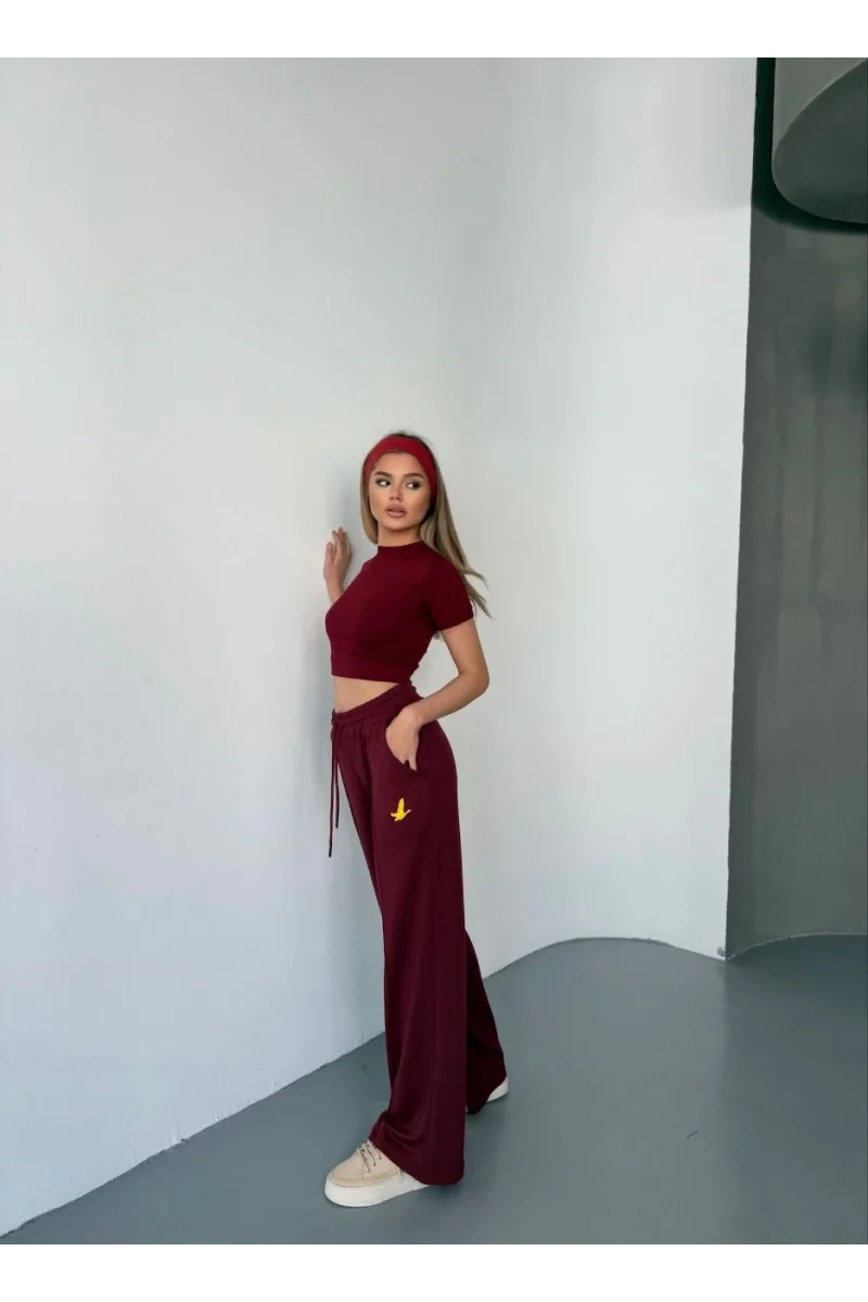 Osy Modal Yumuşak Dokulu Kumaş Nakış işlemeli Rahat Bol Paça Eşofman Pantalon - Bordo