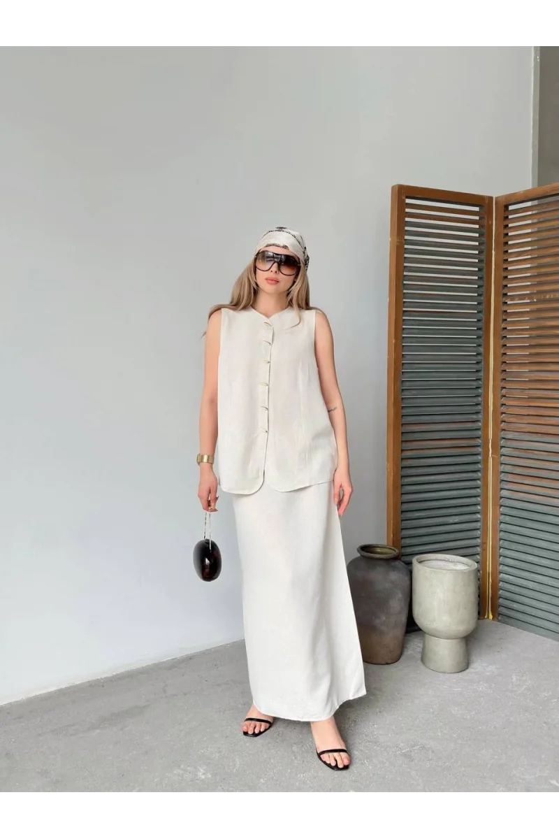 Keten Kolsuz Sıfır Yaka İlik Düğmeli Kolsuz Hırka Etek ikili Takım- Beyaz
