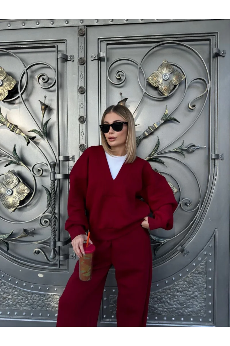 Geniş V Yaka Üç İplik Sweat Takım - Bordo