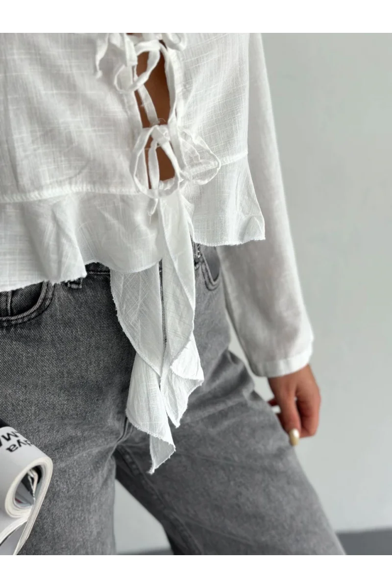 Keten Uzun Kol Bağacık Detaylı Bluz - Beyaz