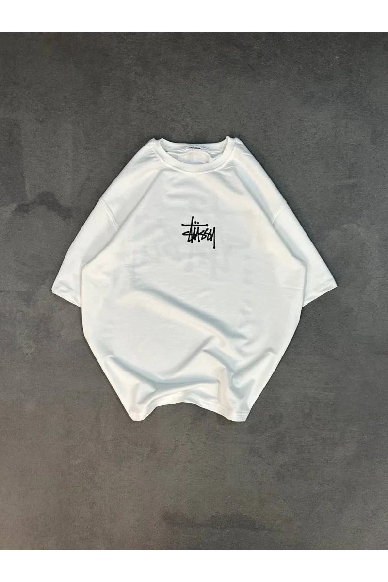 Unisex Bisiklet Yaka Baskılı Oversize T-Shirt - Beyaz