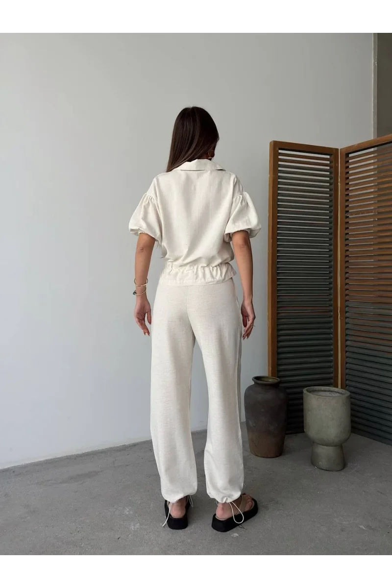Keten Tam Fermuarlı Kısa kollu Gömlek Pantolon ikili Takım - Beyaz