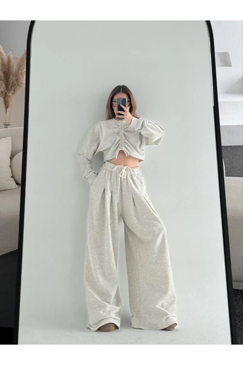 Uzun Kollu Önü İp Büzgülü Crop ve Pantolon İkili Takım - Gri