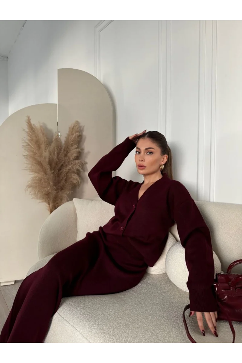 V Yaka 3 Düğmeli Hırka Takım Triko İkili Etekli - Bordo