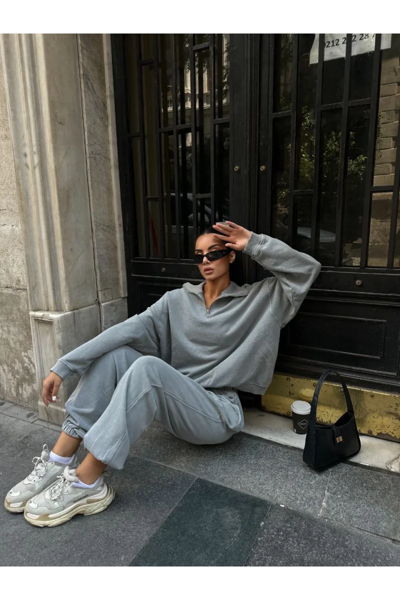 Yıkamalı iki iplik Kumaş Yakalı Fermuarlı Oversize Eşofman Takımı - Gri