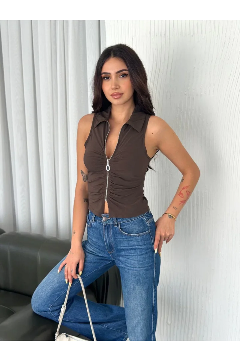 Fermuarlı Kahverengi Kadın Bluz