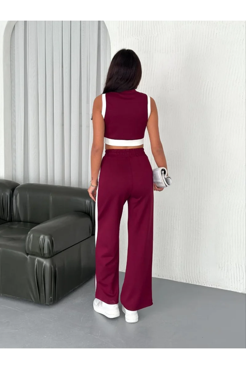 Yumuşak Dokulu Kumaş Tam Fermuarlı Crop Pantalon İkili Takım - Bordo