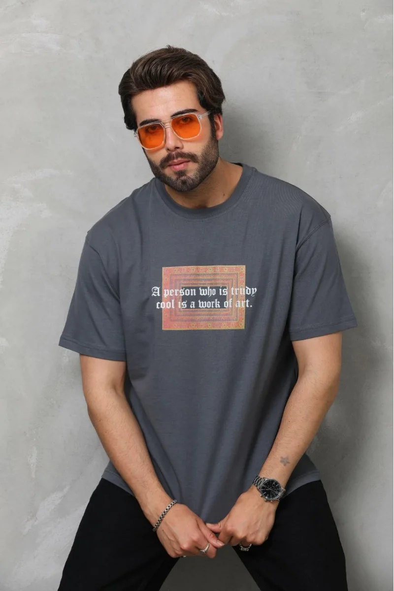 Unisex Bisiklet Yaka Baskılı Oversize T-Shirt -Füme