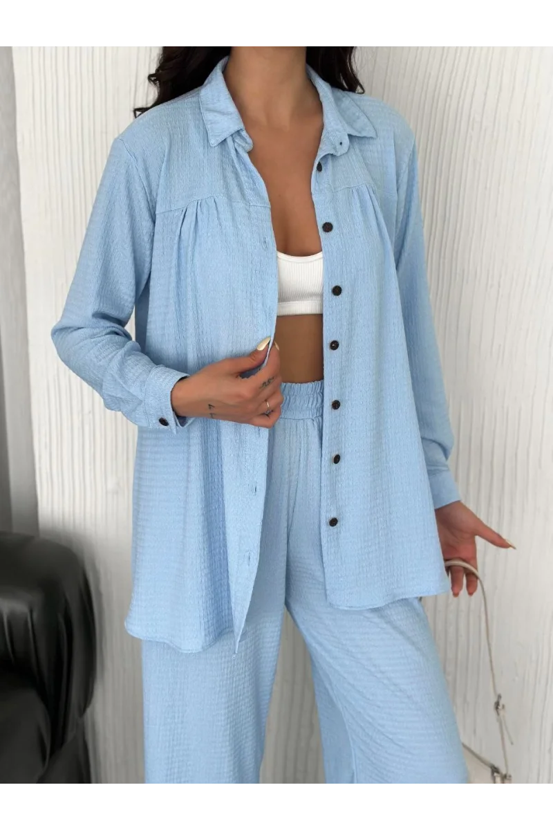 Yakalı Düğmeli Uzun Kollu Gömlek Pantolon ikili Takım - Bebek Mavisi