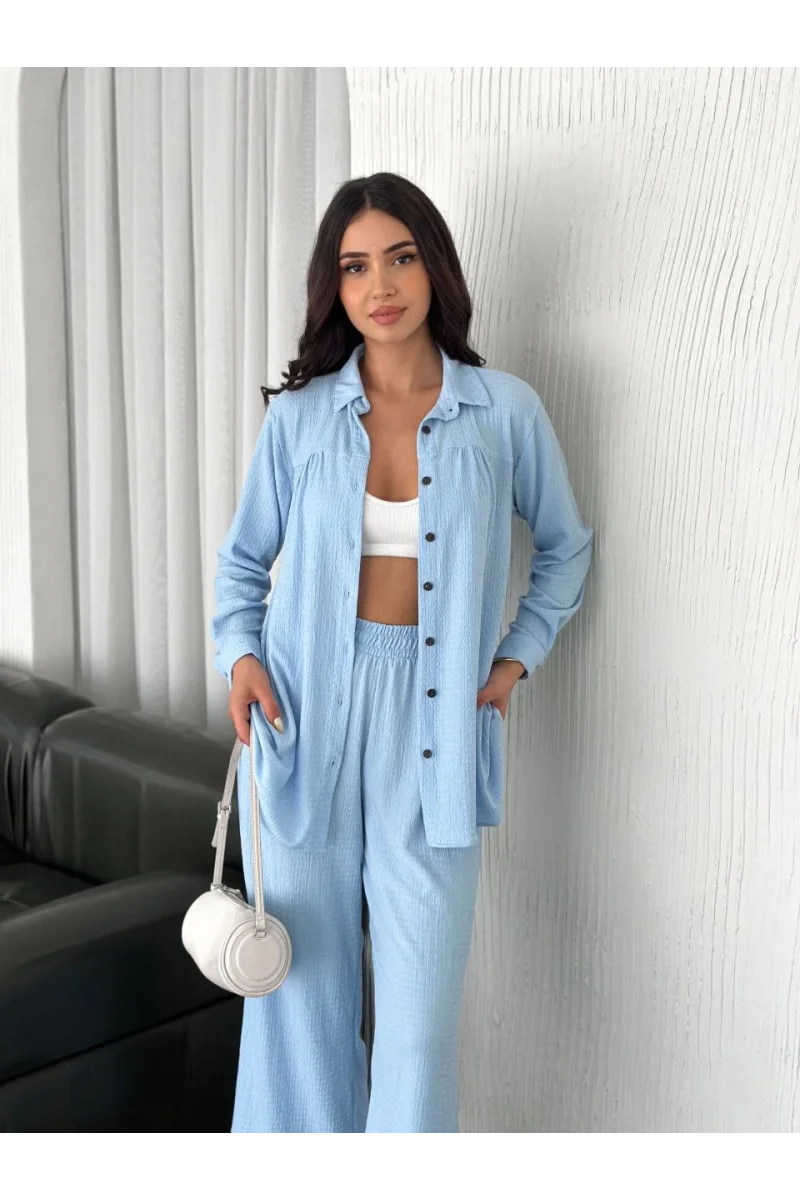 Yakalı Düğmeli Uzun Kollu Gömlek Pantolon ikili Takım - Bebek Mavisi