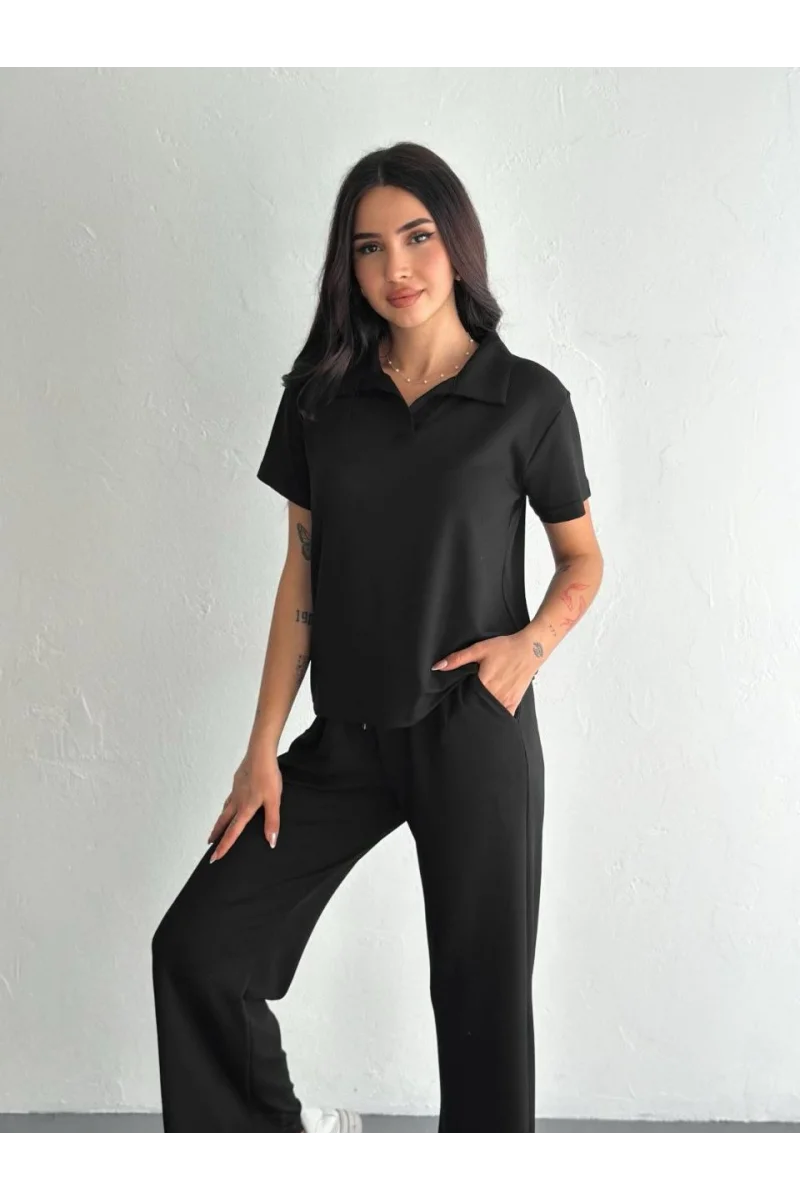 Osy Modal Yumuşak Dokulu Kumaş Kısa Kollu Yakalı T-shirt Pantalon ikili Takım- Siyah