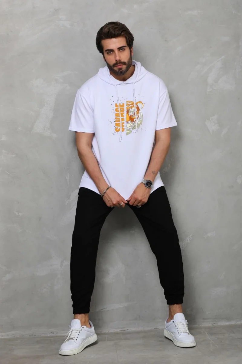 Unisex Kapşonlu Kısa Kol Oversize Baskılı T-Shirt / Beyaz