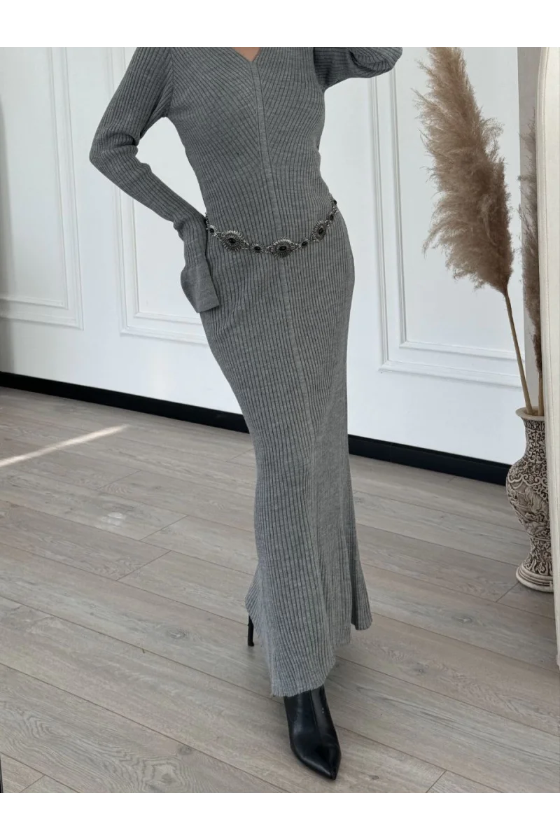 V Yaka Fitilli Uzun Elbise- Gri